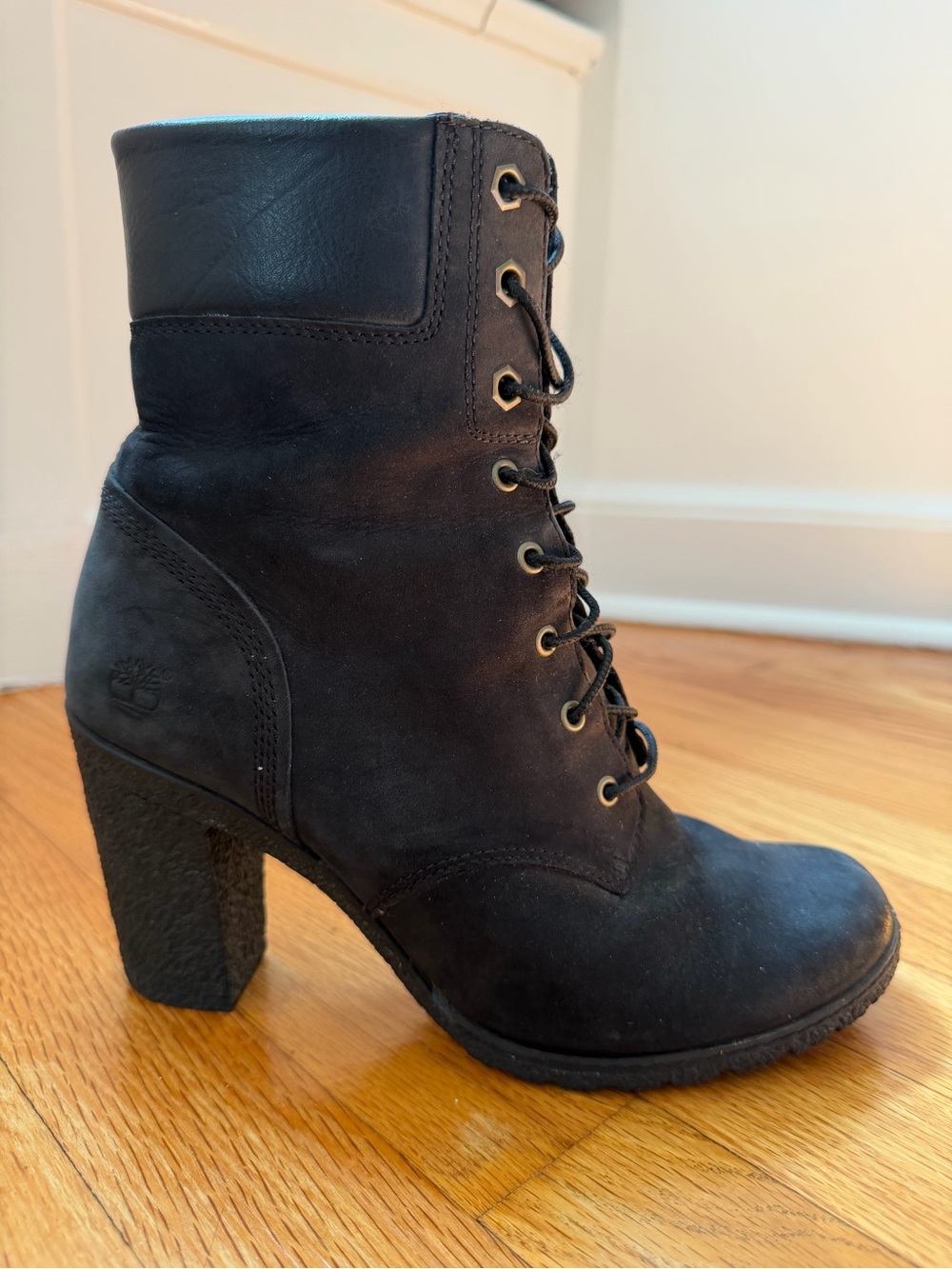 Timberland Glancy Black Leather OrthoLite Insoles Block Heeled Boots Size 8